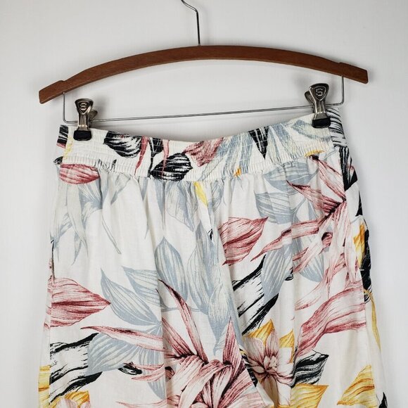 C&C California Wide Leg Linen Pull On Cropped Pants White Tropical Floral Size S - Picture 5 of 7